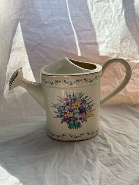 Ceramic Floral Watering Can Pitcher / Cottage Garden Decor